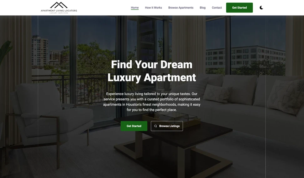 Apartment Living Locators website homepage, a Houston luxury apartment locating site built by Practical Site Design