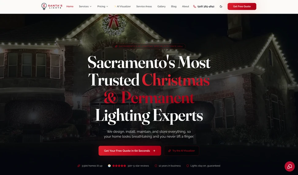 Santa's Lights website homepage, a Sacramento holiday lighting site built by Practical Site Design